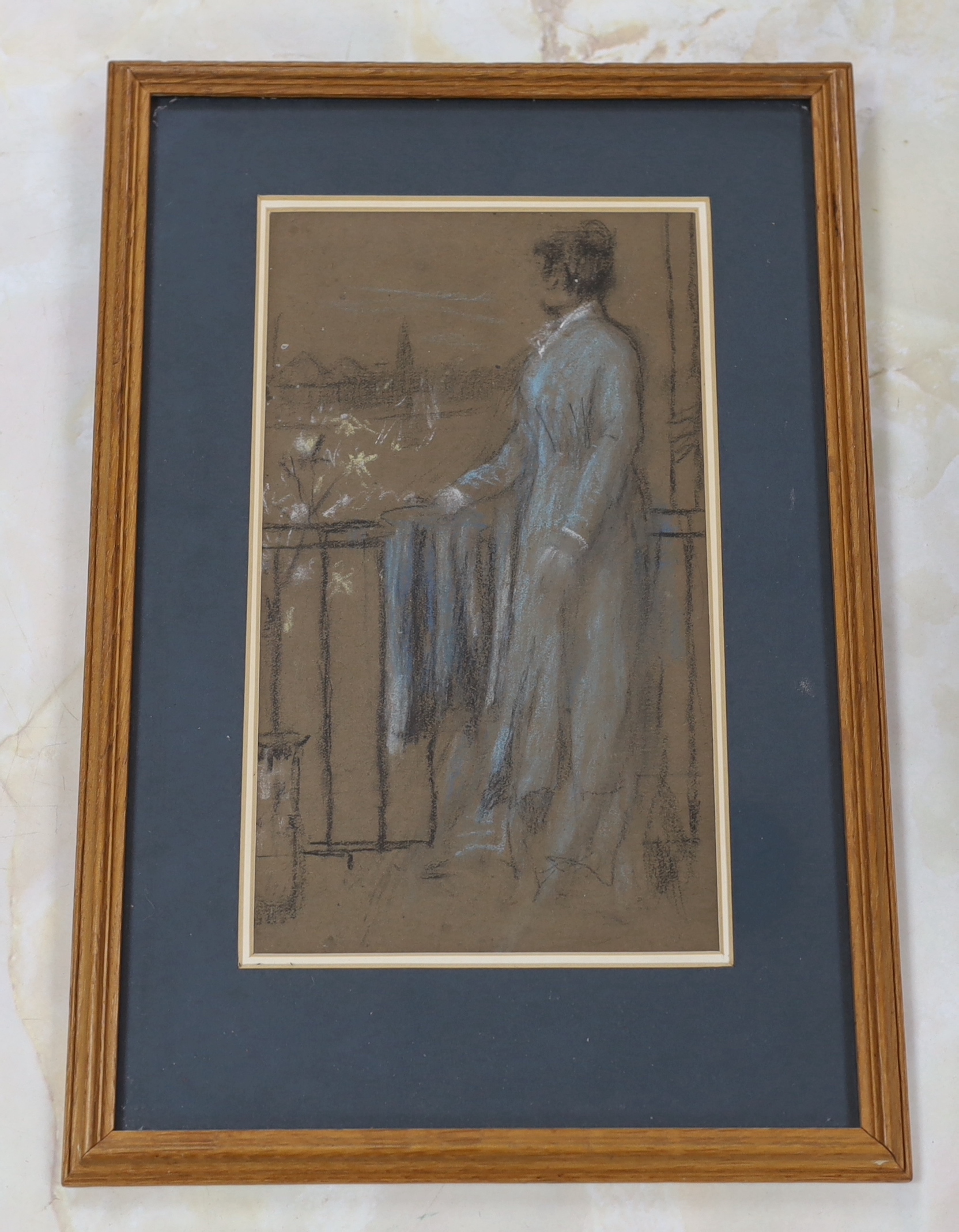 Attributed to Walter Greaves (1846-1930), heightened pastel, Lady in blue beside railings, 25cm x 14cm